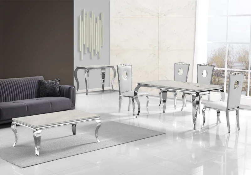 Salle à manger complète marbre beige argent – Neo