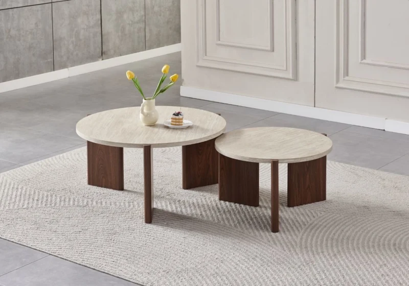 Tables basses gigognes travertin pieds noyer - Zora