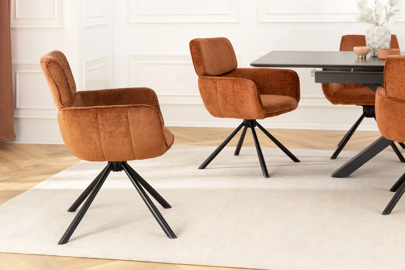 Lot de 2x chaises pivotante rétro UNIQUE en chenille marron rouille pieds en métal noir avec accoudoirs