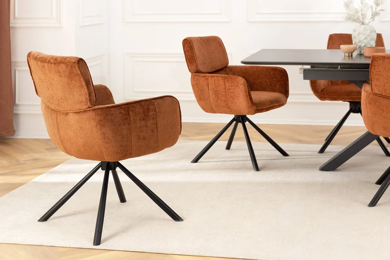 Lot de 2x chaises pivotante rétro UNIQUE en chenille marron rouille pieds en métal noir avec accoudoirs