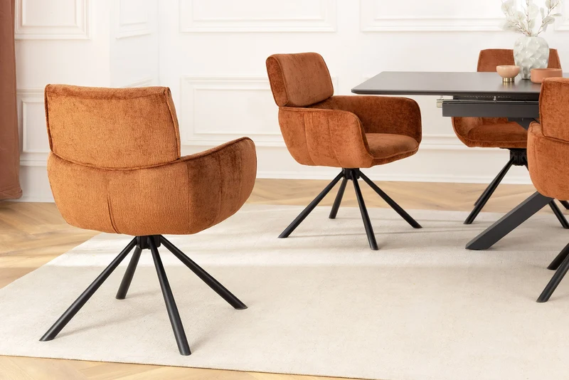 Lot de 2x chaises pivotante rétro UNIQUE en chenille marron rouille pieds en métal noir avec accoudoirs