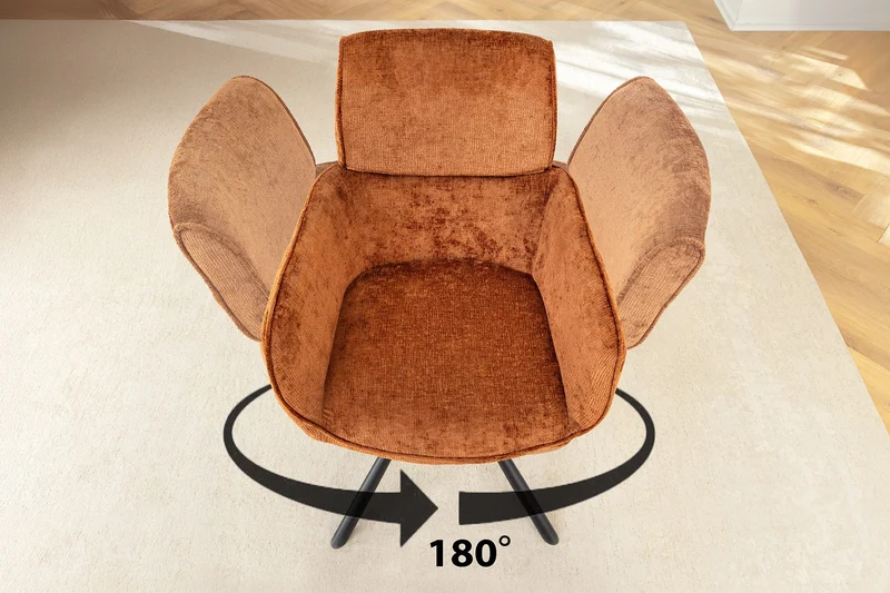 Lot de 2x chaises pivotante rétro UNIQUE en chenille marron rouille pieds en métal noir avec accoudoirs