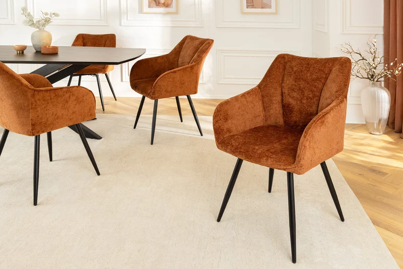 Lot de 2x chaises pivotante rétro UNIQUE en chenille marron rouille pieds en métal noir avec accoudoirs