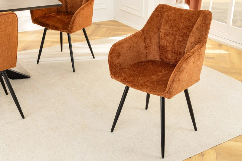 Lot de 2x chaises pivotante rétro UNIQUE en chenille marron rouille pieds en métal noir avec accoudoirs