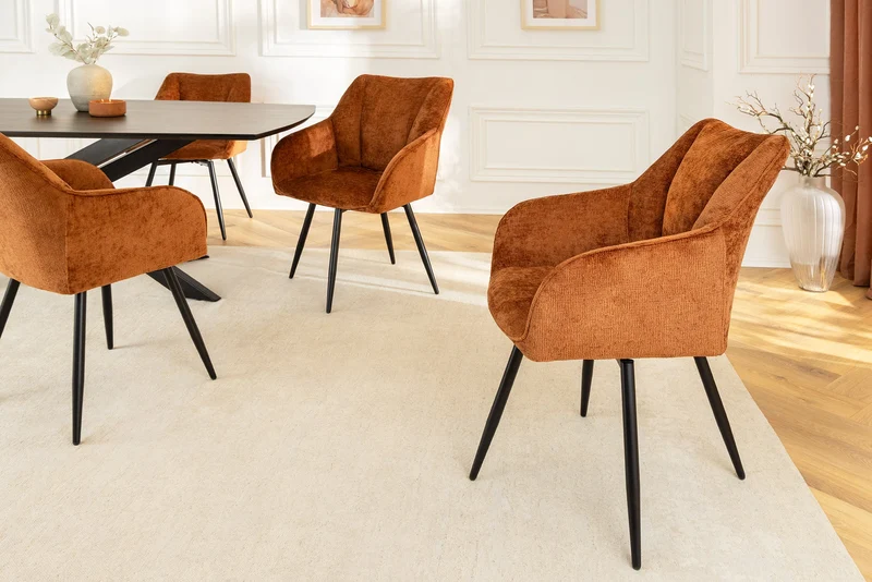 Lot de 2x chaises pivotante rétro UNIQUE en chenille marron rouille pieds en métal noir avec accoudoirs