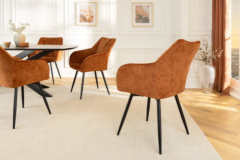 Lot de 2x chaises pivotante rétro UNIQUE en chenille marron rouille pieds en métal noir avec accoudoirs