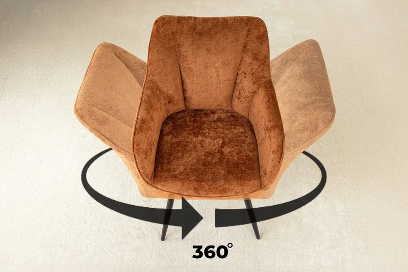 Lot de 2x chaises pivotante rétro UNIQUE en chenille marron rouille pieds en métal noir avec accoudoirs