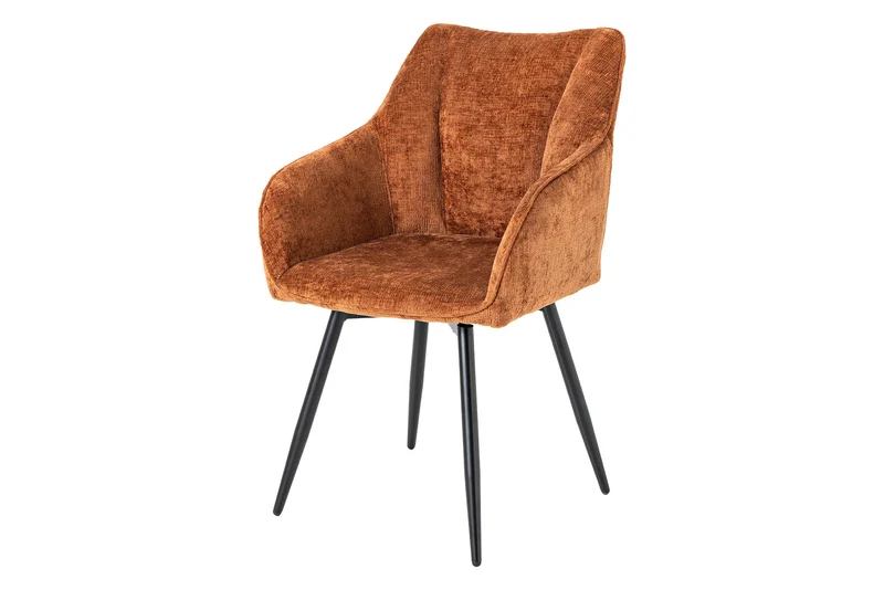 Lot de 2x chaises pivotante rétro UNIQUE en chenille marron rouille pieds en métal noir avec accoudoirs