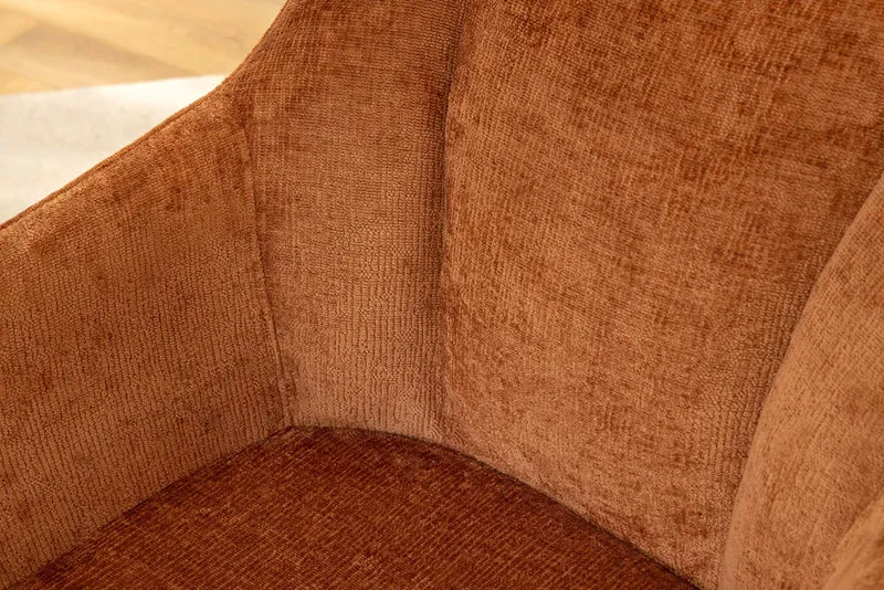 Lot de 2x chaises pivotante rétro UNIQUE en chenille marron rouille pieds en métal noir avec accoudoirs