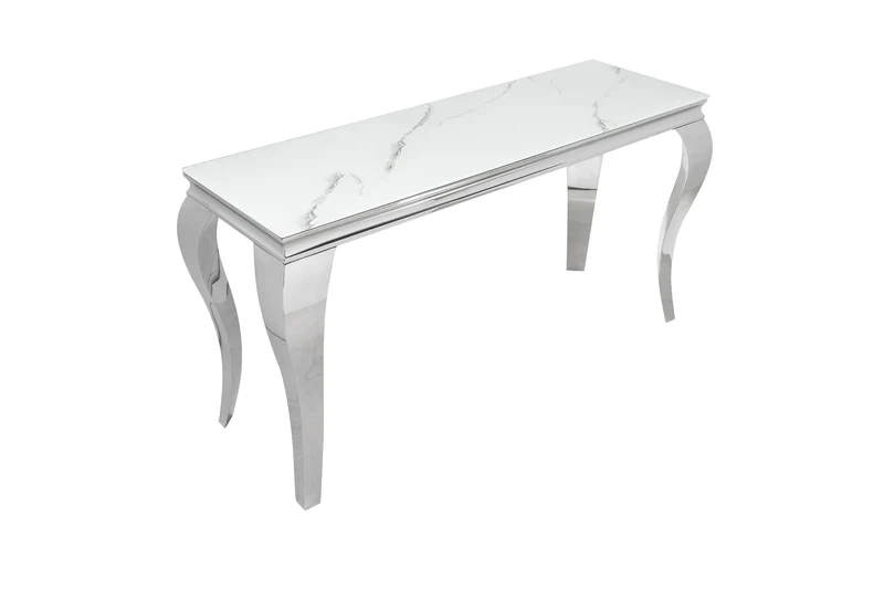 Console élégante BAROQUE MODERNE 145cm avec plateau en verre aspect marbre pieds en acier inoxydable