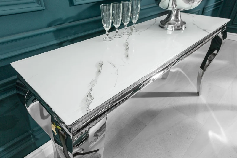 Console élégante BAROQUE MODERNE 145cm avec plateau en verre aspect marbre pieds en acier inoxydable