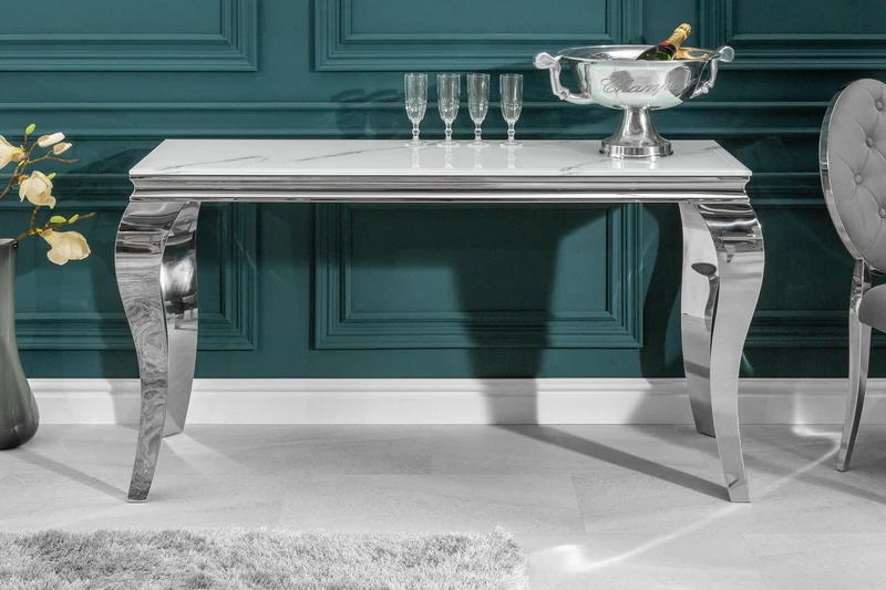 Console élégante BAROQUE MODERNE 145cm avec plateau en verre aspect marbre pieds en acier inoxydable