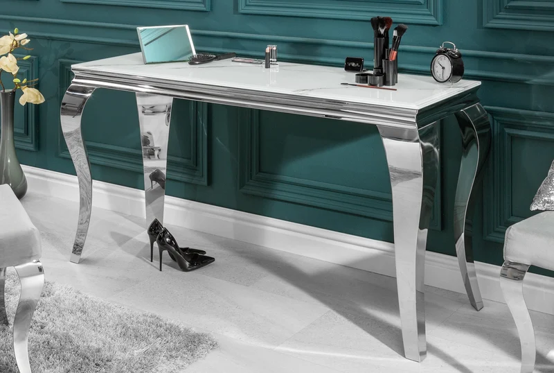 Console élégante BAROQUE MODERNE 145cm avec plateau en verre aspect marbre pieds en acier inoxydable