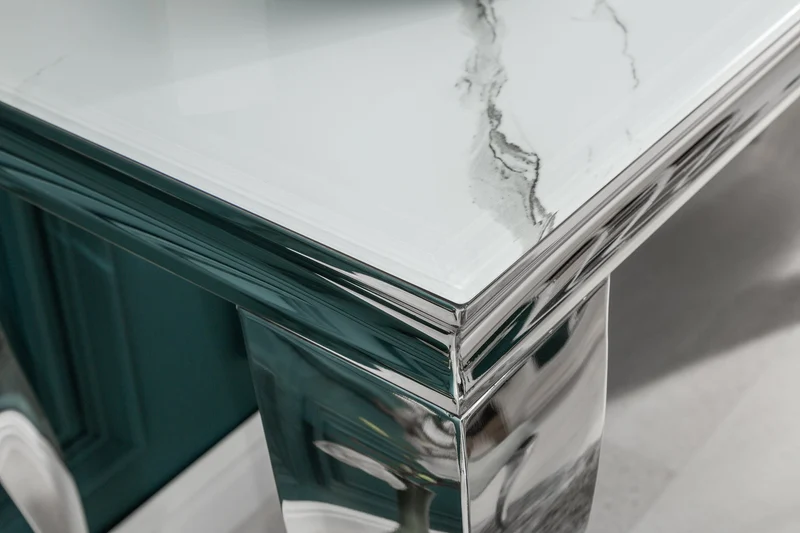 Console élégante BAROQUE MODERNE 145cm avec plateau en verre aspect marbre pieds en acier inoxydable