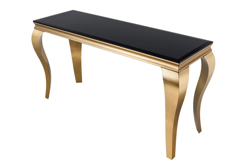 Console élégante de style baroque moderne de 145 cm, verre opale noir doré, pieds en acier inoxydable