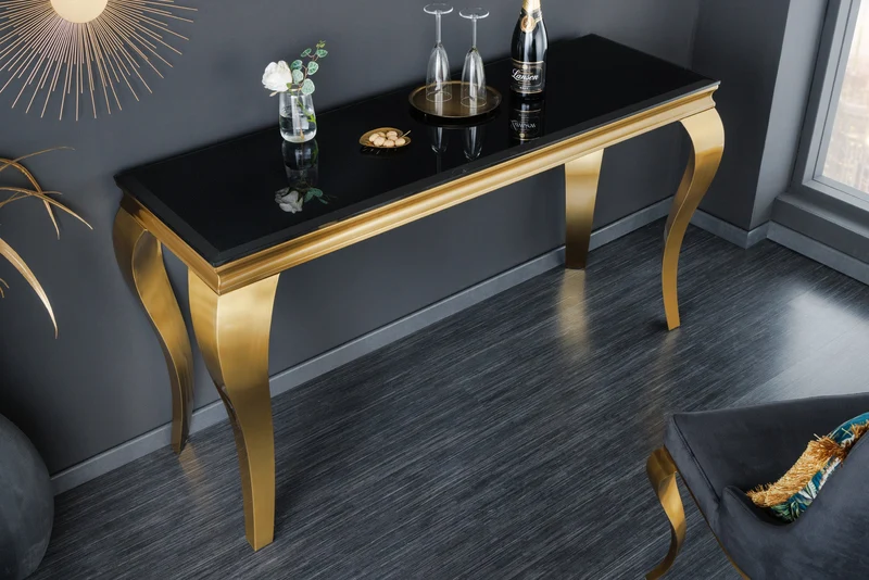 Console élégante de style baroque moderne de 145 cm, verre opale noir doré, pieds en acier inoxydable