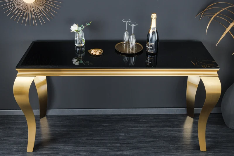 Console élégante de style baroque moderne de 145 cm, verre opale noir doré, pieds en acier inoxydable