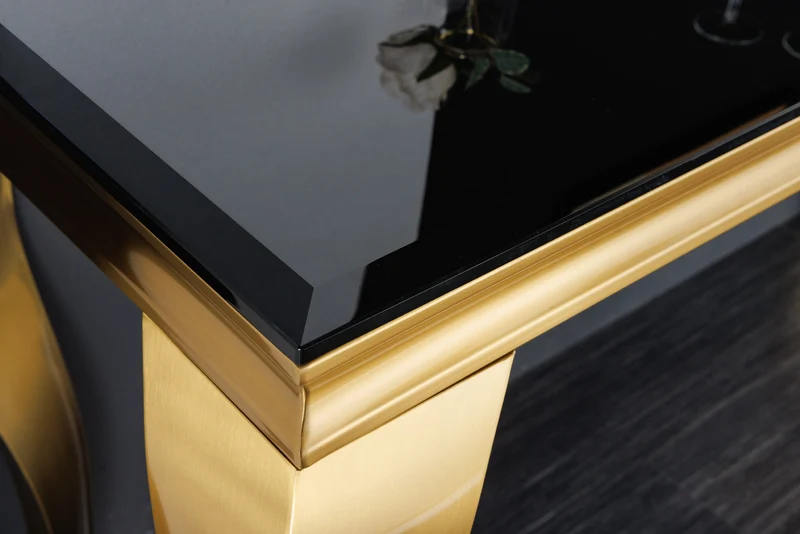 Console élégante de style baroque moderne de 145 cm, verre opale noir doré, pieds en acier inoxydable