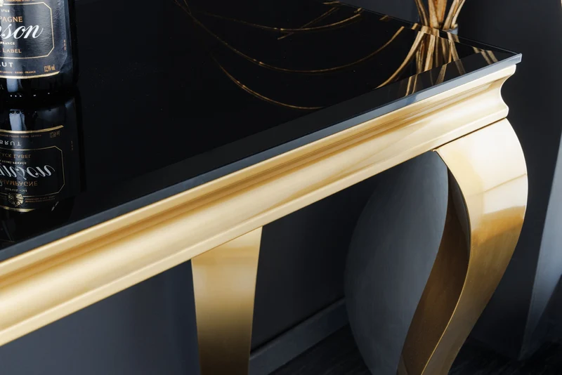 Console élégante de style baroque moderne de 145 cm, verre opale noir doré, pieds en acier inoxydable