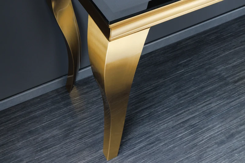 Console élégante de style baroque moderne de 145 cm, verre opale noir doré, pieds en acier inoxydable