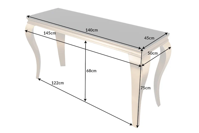 Console élégante de style baroque moderne de 145 cm, verre opale noir doré, pieds en acier inoxydable