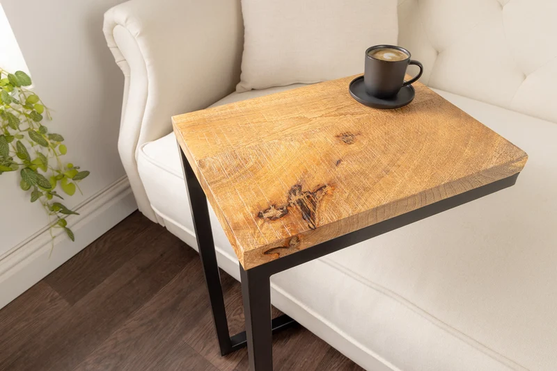 Table d'appoint en bois massif GASTON 65cm manguier naturel métal noir fait main