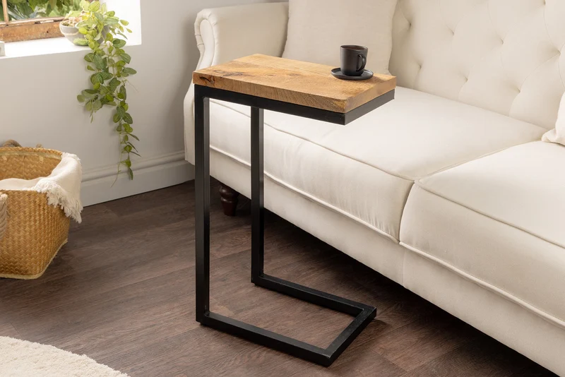 Table d'appoint en bois massif GASTON 65cm manguier naturel métal noir fait main