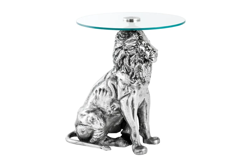 Table d'appoint ronde WILDLIFE LION 60cm argent antique métal verre sculpture lion