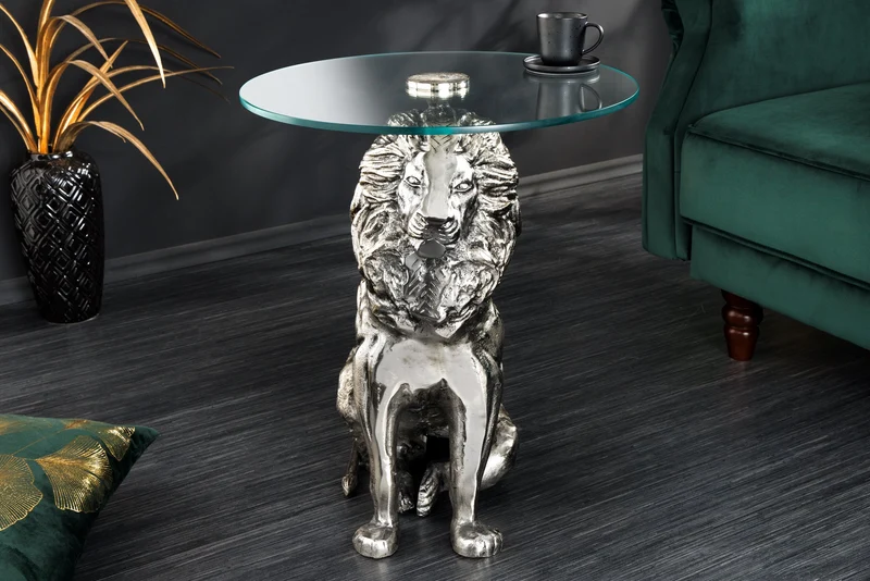 Table d'appoint ronde WILDLIFE LION 60cm argent antique métal verre sculpture lion