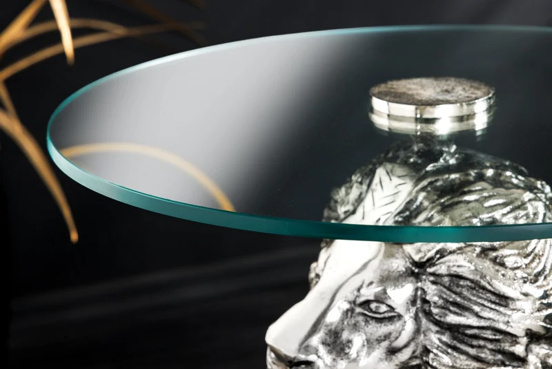 Table d'appoint ronde WILDLIFE LION 60cm argent antique métal verre sculpture lion