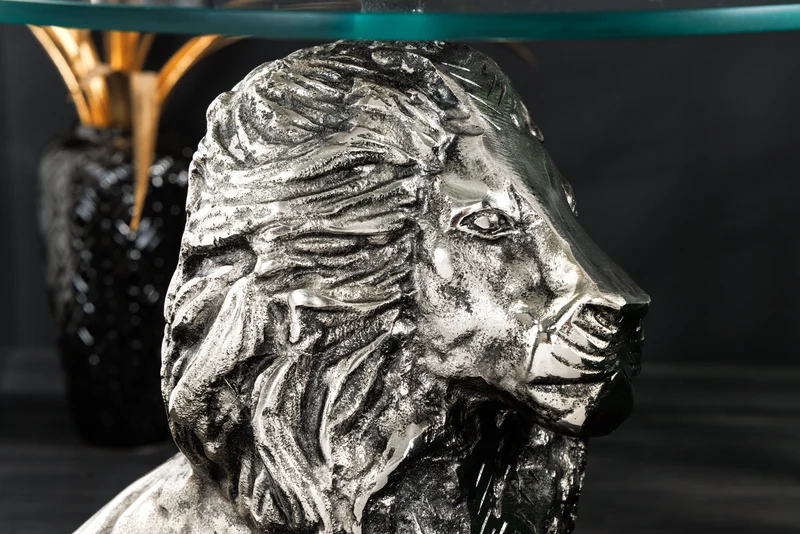 Table d'appoint ronde WILDLIFE LION 60cm argent antique métal verre sculpture lion