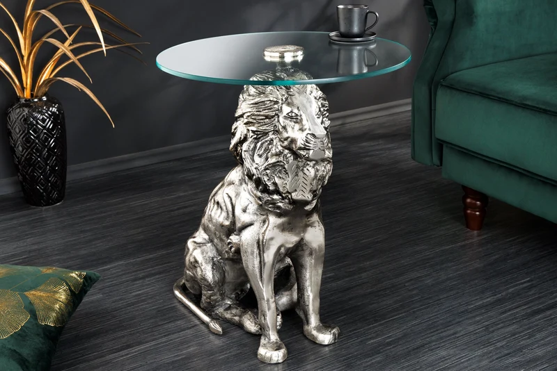 Table d'appoint ronde WILDLIFE LION 60cm argent antique métal verre sculpture lion