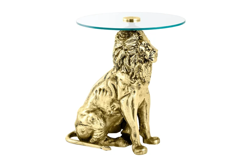 Table d'appoint ronde WILDLIFE LION 60cm sculpture lion en métal doré antique et verre