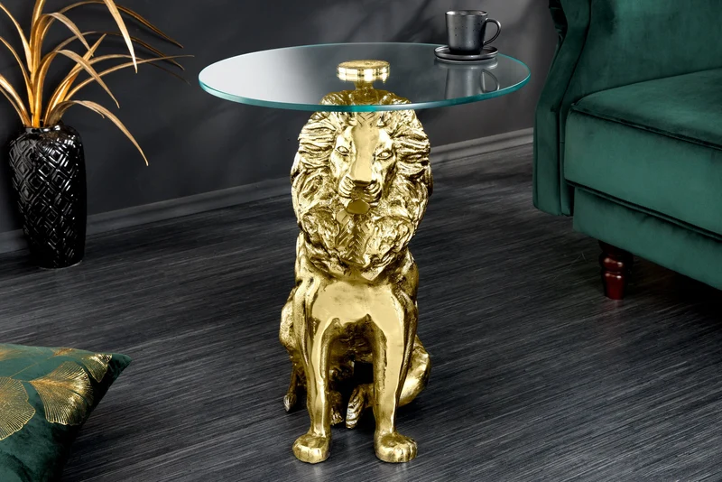 Table d'appoint ronde WILDLIFE LION 60cm sculpture lion en métal doré antique et verre