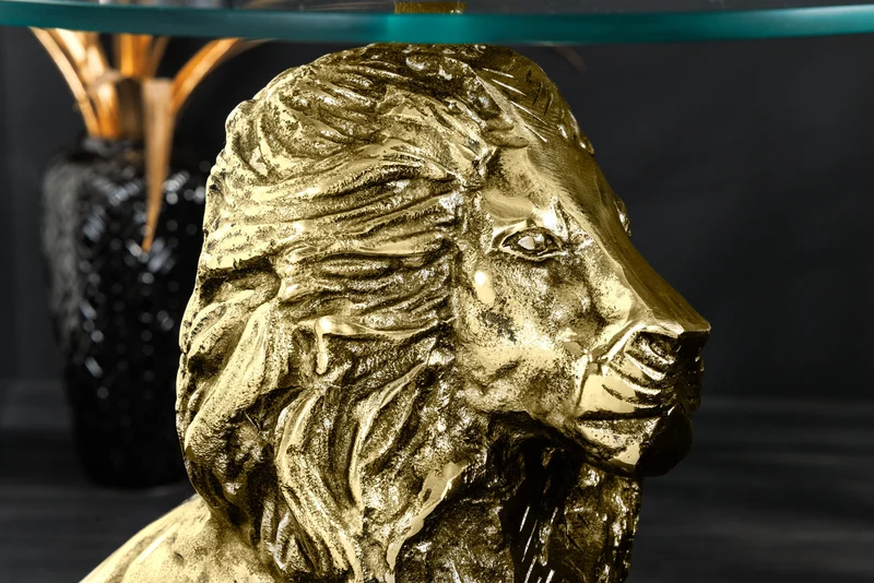 Table d'appoint ronde WILDLIFE LION 60cm sculpture lion en métal doré antique et verre
