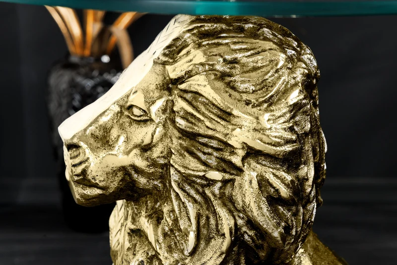 Table d'appoint ronde WILDLIFE LION 60cm sculpture lion en métal doré antique et verre