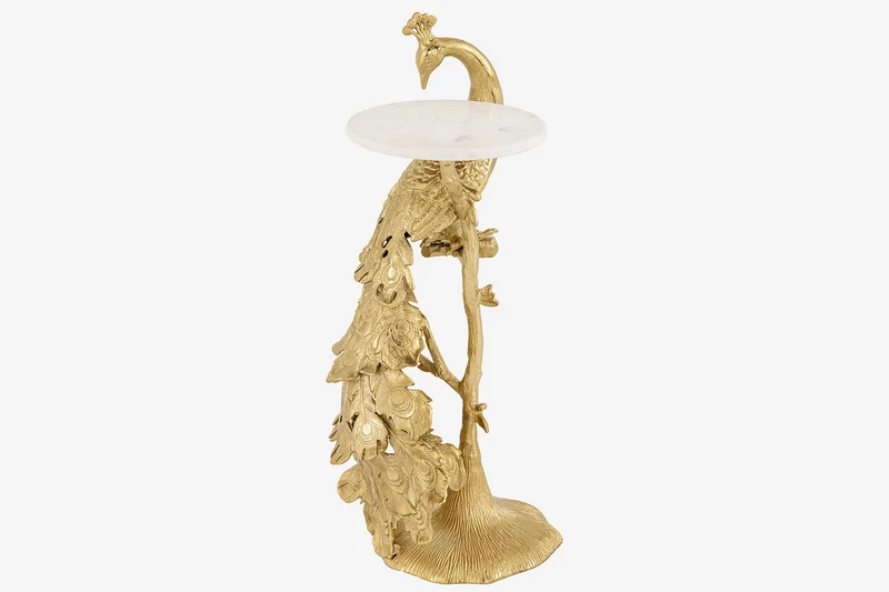 Table d'appoint ronde WILDLIFE PEACOCK 75cm or antique métal blanc marbre sculpture paon