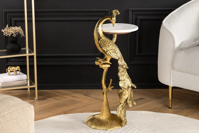 Table d'appoint ronde WILDLIFE PEACOCK 75cm or antique métal blanc marbre sculpture paon