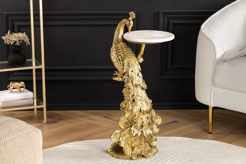 Table d'appoint ronde WILDLIFE PEACOCK 75cm or antique métal blanc marbre sculpture paon