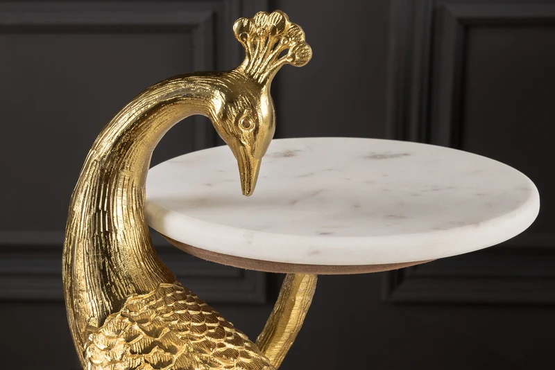 Table d'appoint ronde WILDLIFE PEACOCK 75cm or antique métal blanc marbre sculpture paon