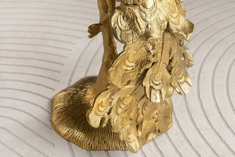 Table d'appoint ronde WILDLIFE PEACOCK 75cm or antique métal blanc marbre sculpture paon
