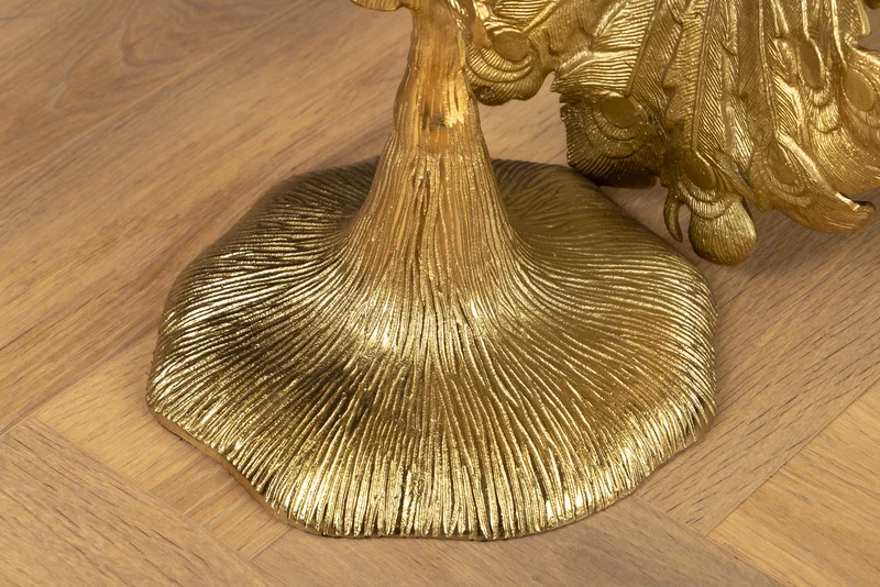 Table d'appoint ronde WILDLIFE PEACOCK 75cm or antique métal blanc marbre sculpture paon