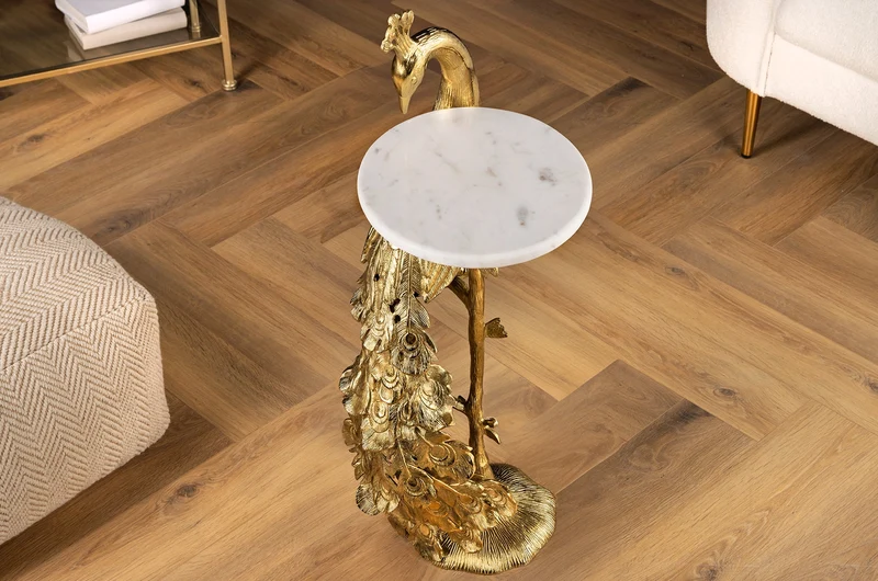 Table d'appoint ronde WILDLIFE PEACOCK 75cm or antique métal blanc marbre sculpture paon