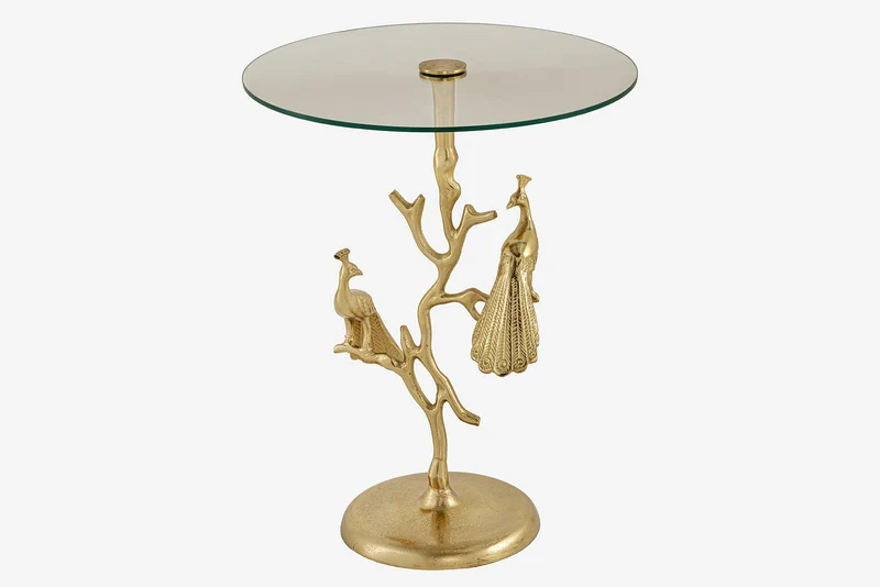 Table d'appoint ronde WILDLIFE PEACOCK 60cm plateau en verre doré sculpture paon en métal