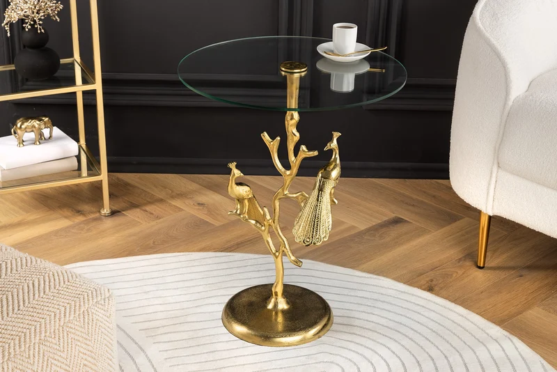 Table d'appoint ronde WILDLIFE PEACOCK 60cm plateau en verre doré sculpture paon en métal