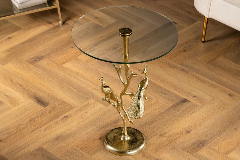 Table d'appoint ronde WILDLIFE PEACOCK 60cm plateau en verre doré sculpture paon en métal
