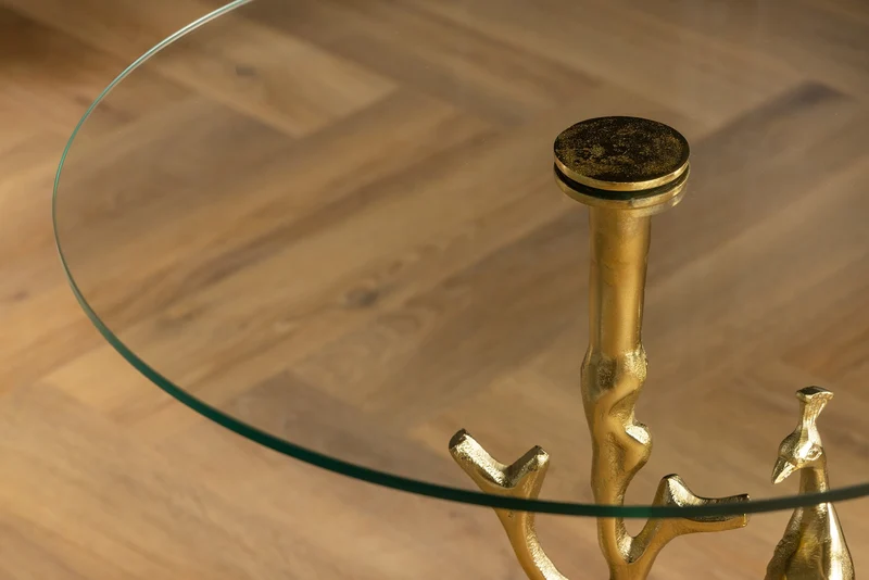 Table d'appoint ronde WILDLIFE PEACOCK 60cm plateau en verre doré sculpture paon en métal