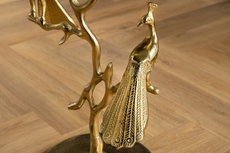 Table d'appoint ronde WILDLIFE PEACOCK 60cm plateau en verre doré sculpture paon en métal