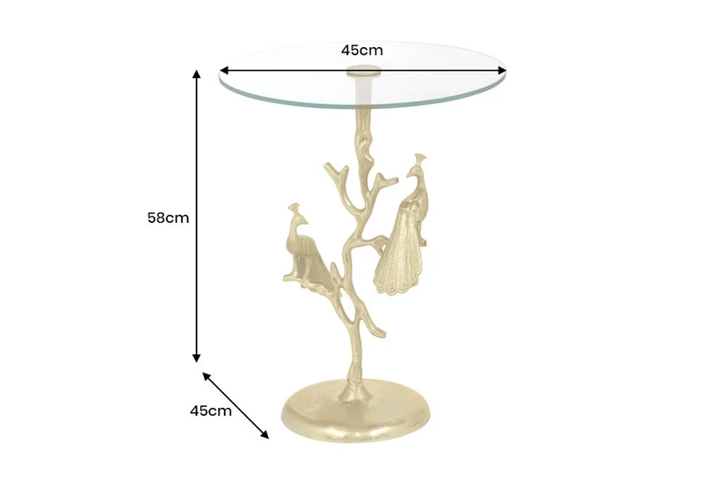 Table d'appoint ronde WILDLIFE PEACOCK 60cm plateau en verre doré sculpture paon en métal