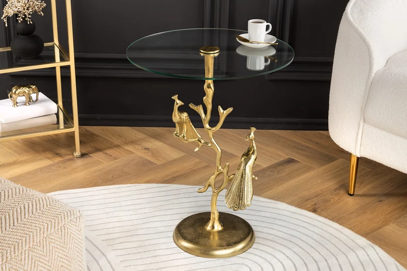 Table d'appoint ronde WILDLIFE PEACOCK 60cm plateau en verre doré sculpture paon en métal